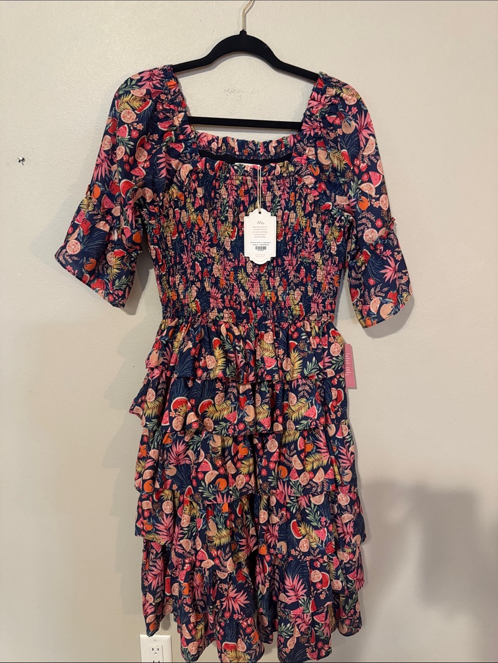 Women’s  Ivy City ruffle dress watermelon and fruit on Navy